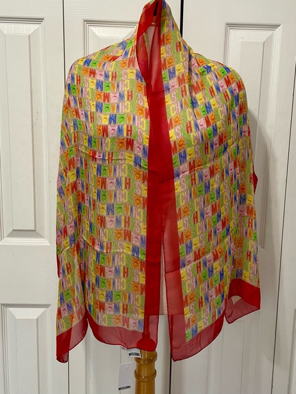 Moschino Red-Trim Multicolor Logo Print Lightweight Jacket